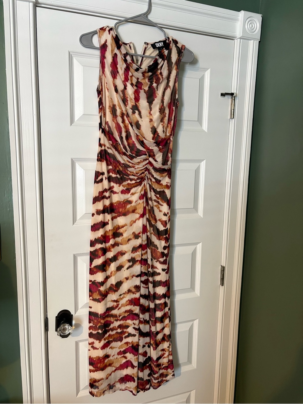 DKNY Sleeveless Maxi Dress in Cream, Burgundy and Brown Print